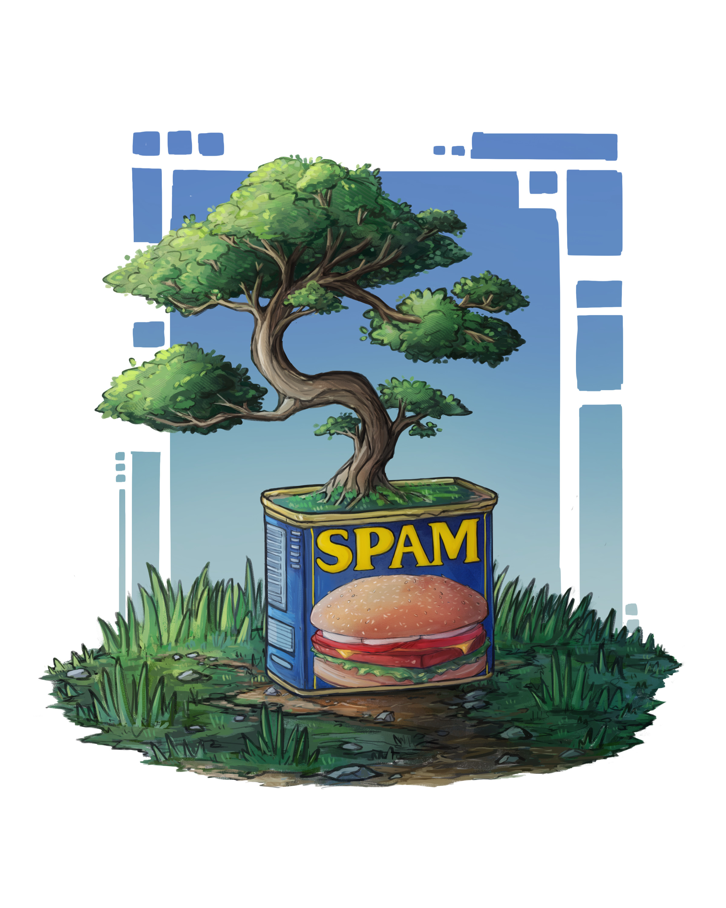 A bonsai tree grows inside a repurposed Spam Can. The first of my series of Spam illustrations.