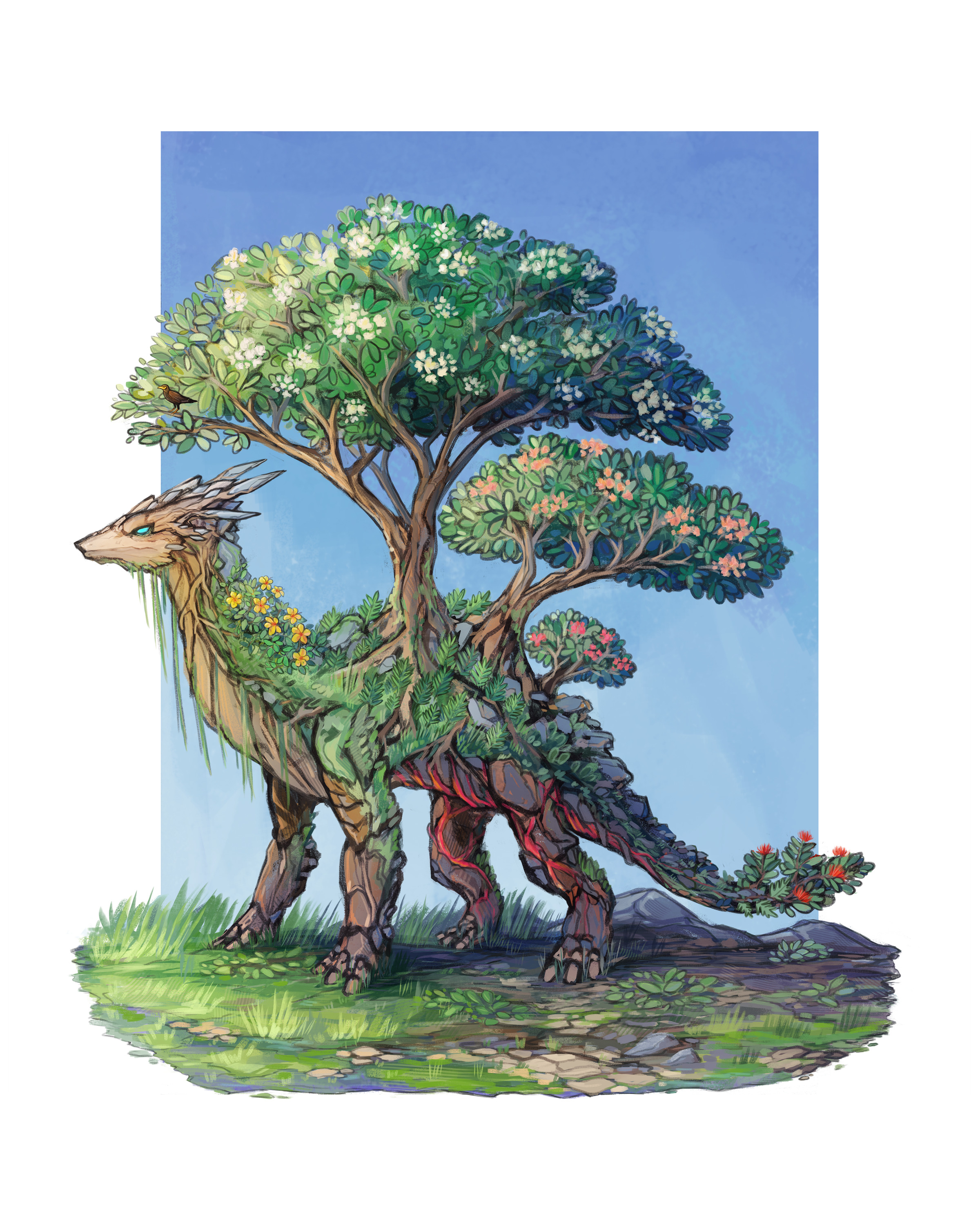 A dragon made of trees and other plants like Plumerias, Laua'e fern, 'Ohi'a Lehua, and Hibiscus. Lava courses through its rocky lower body.