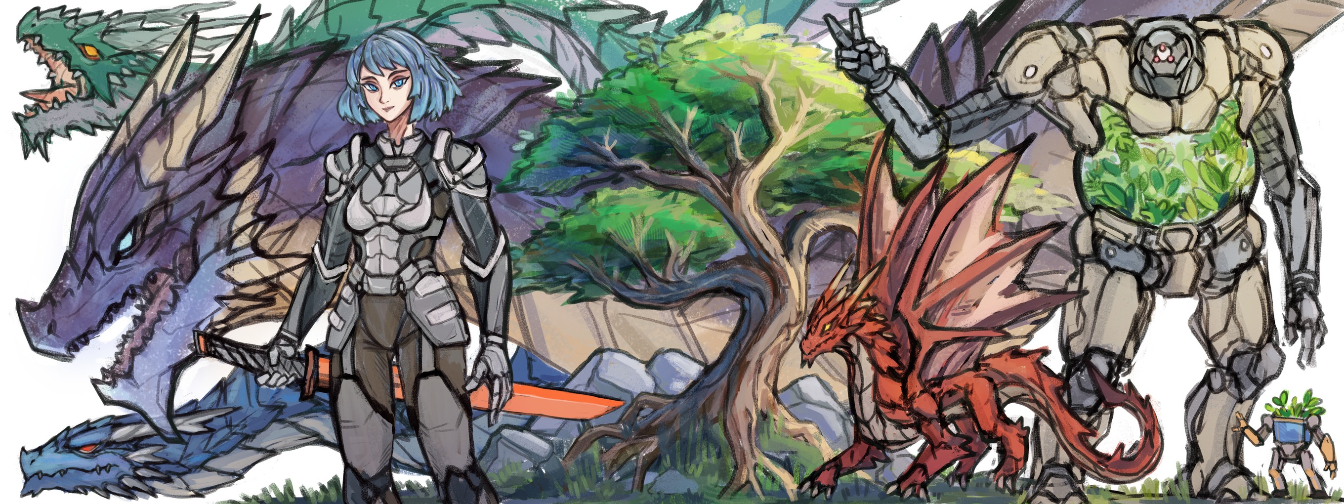 dragons, characters, robots, tree