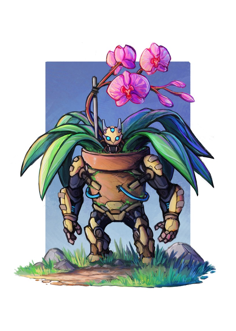 A small robot who lives in a modified terracotta pot. An orchid keeps it company. 