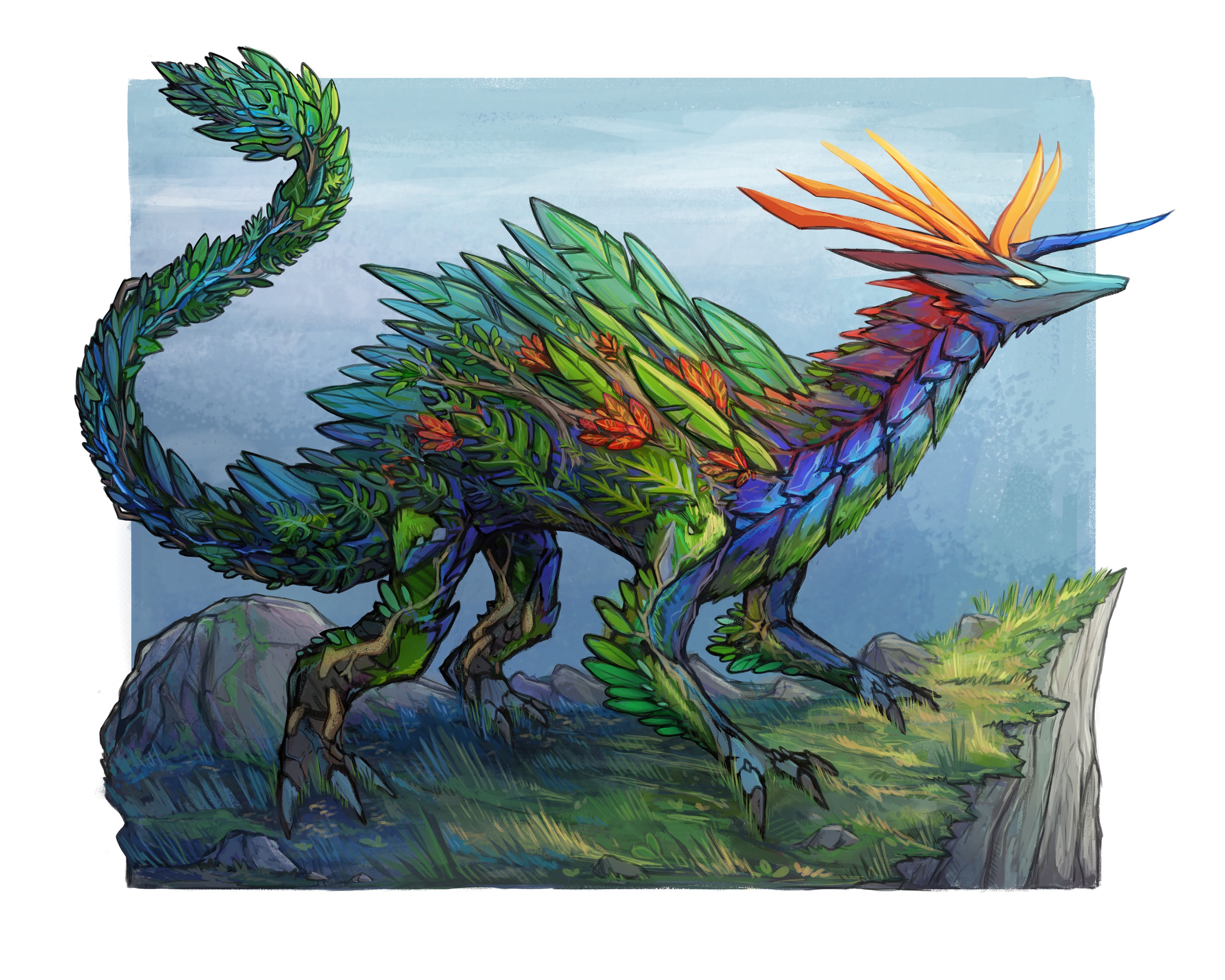 The shape of this dragon's head is based on the Bird of Paradise flower. Across its body are other plants like Laua'e fern, Croton, and Monstera.