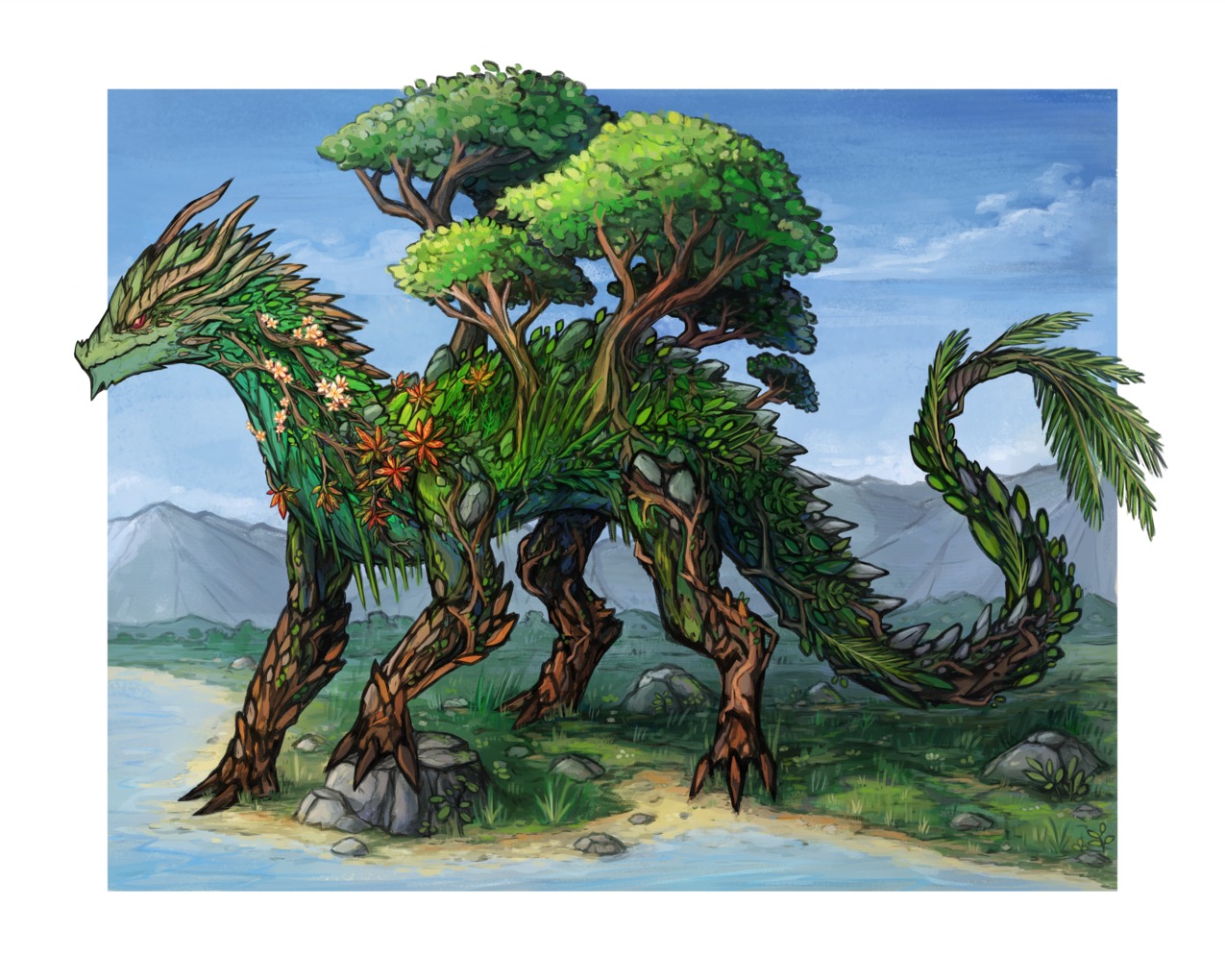 A dragon made of trees and other plants like Croton, Plumeria, and Laua'e fern. It has claws made from strong bark and roots.