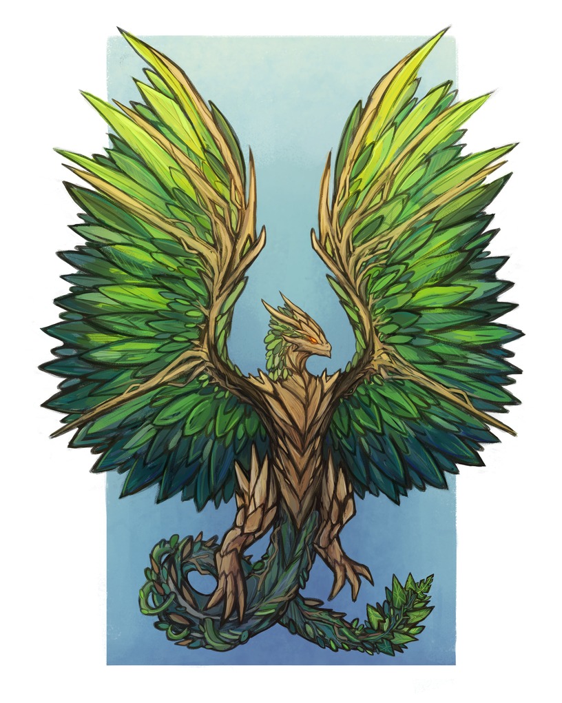 A winged dragon made mostly of tree bark and various large leaves.