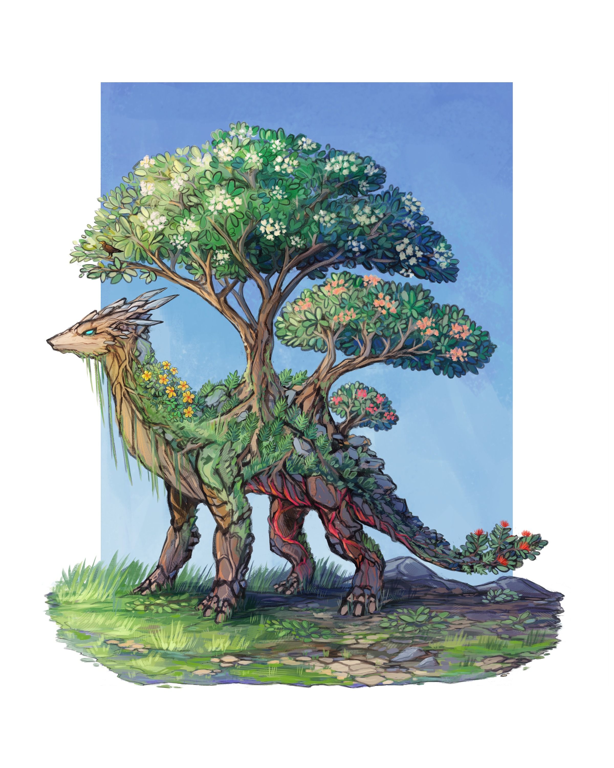 A dragon made of trees and other plants like Plumerias, Laua'e fern, 'Ohi'a Lehua, and Hibiscus. Lava courses through its rocky lower body.