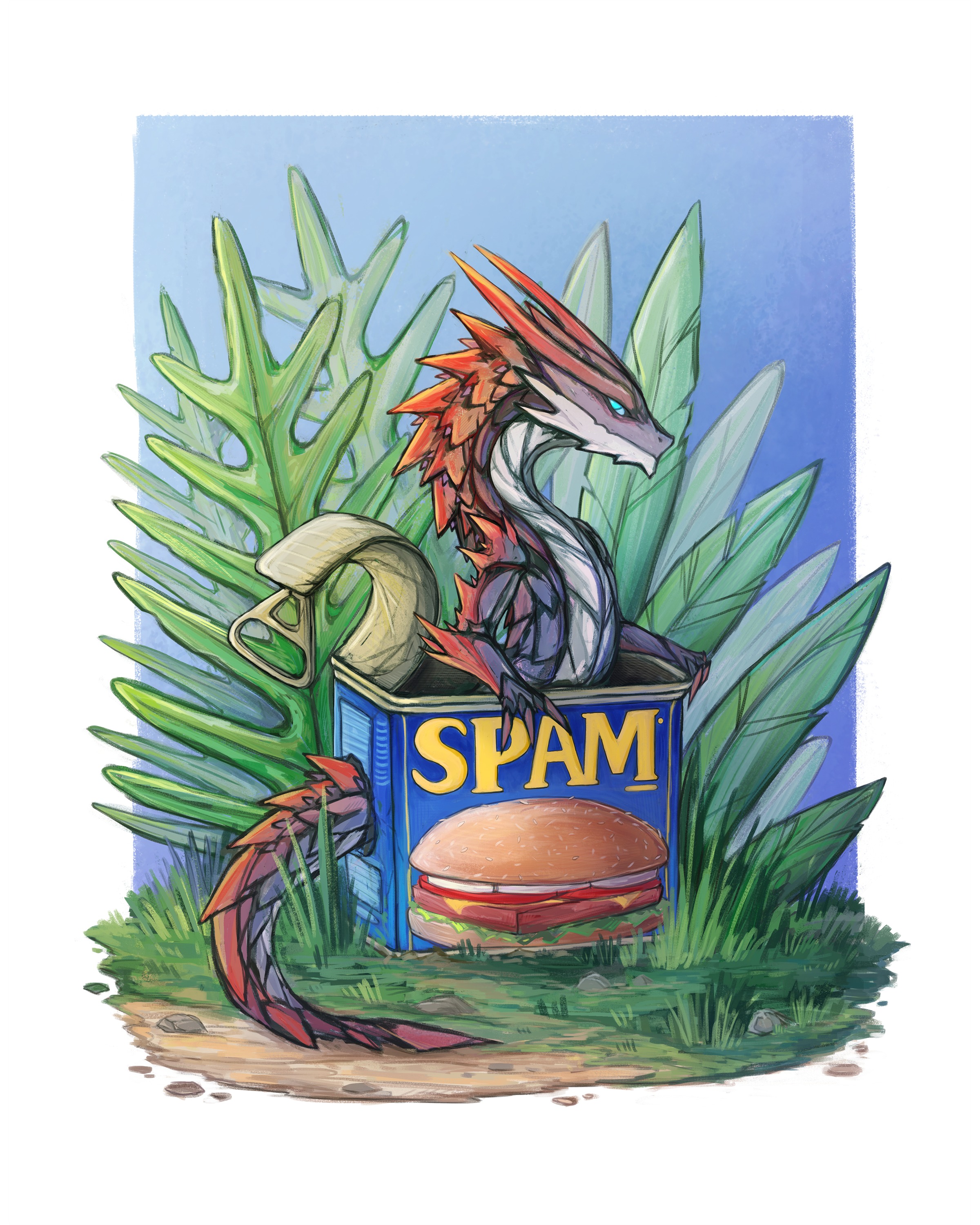A baby dragon who has found shelter in an old Spam Can.