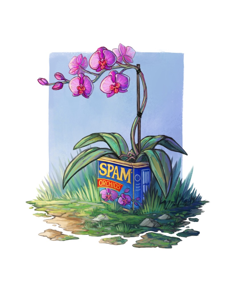 An orchid has found a home in a recycled Spam Can.