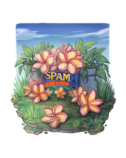 Plumeria flowers picked from my back yard and placed in a Spam can alongside two Pothos plants. I've redesigned the label to say "25% More Plumeria" instead of its original "25% Less Sodium".