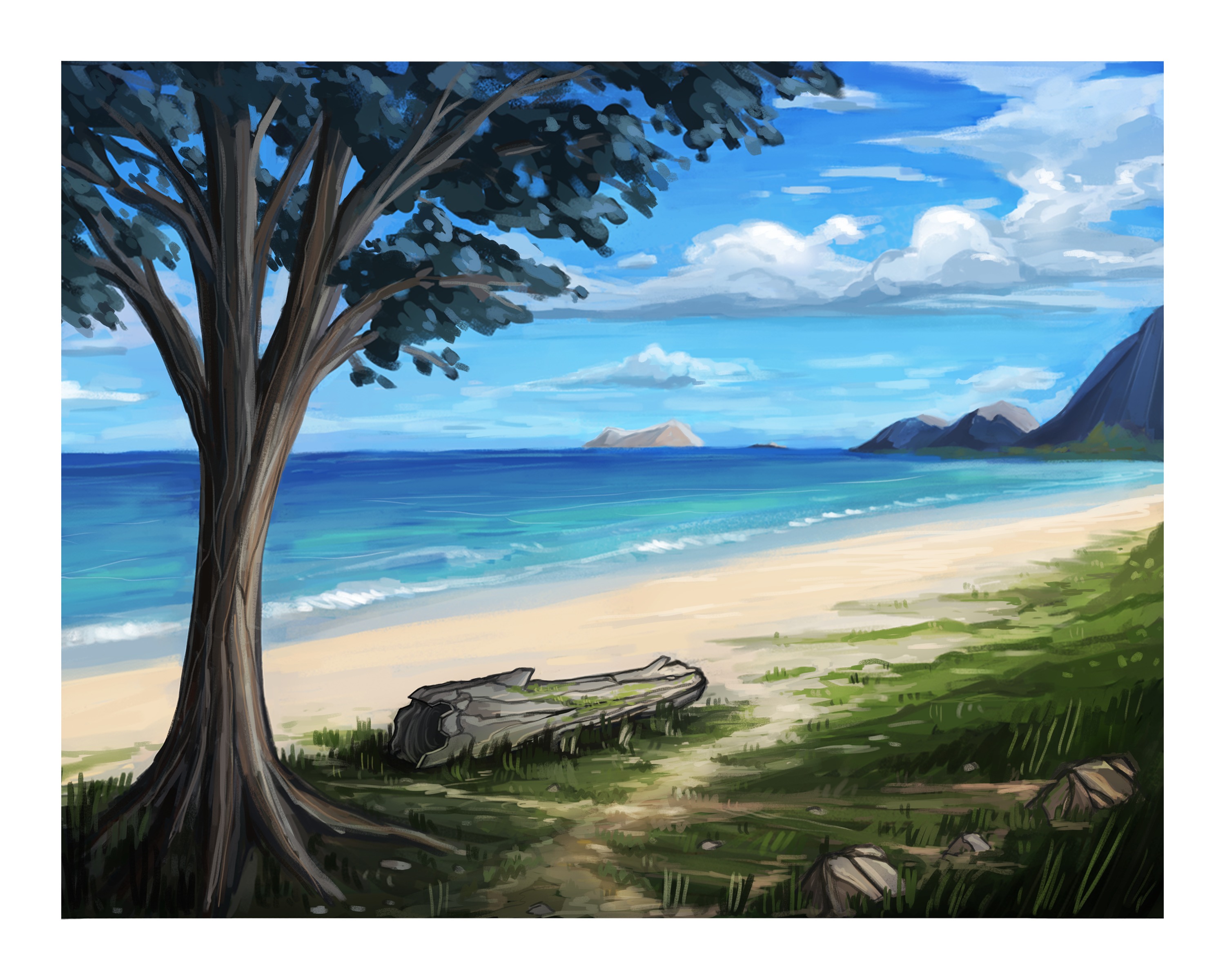 The shoreline of Waimanalo seen from the grassy shade of the nearby trees. Manana and Kaohikaipu are far off in the distance.
