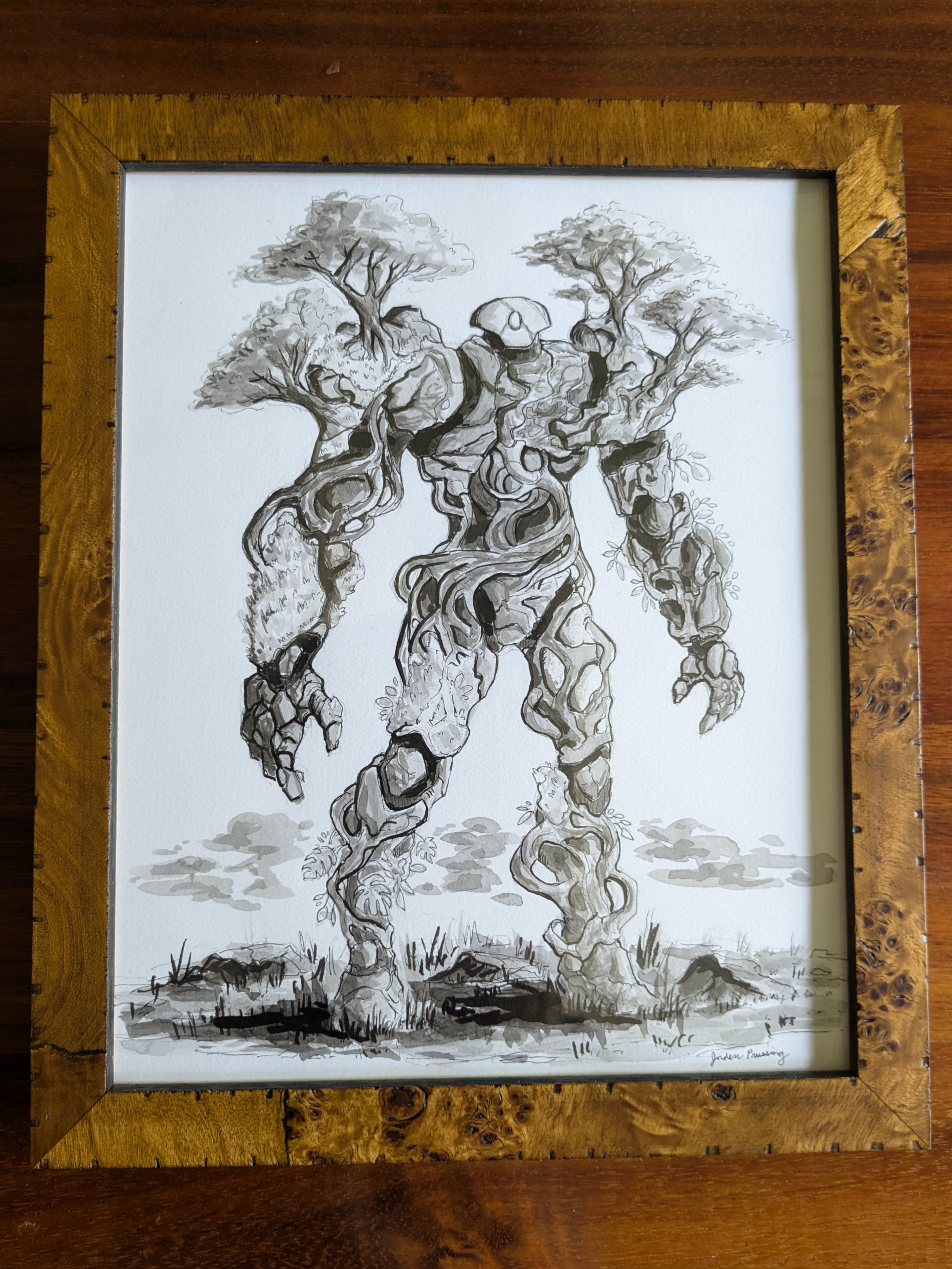 A large figure made of robotic parts and long roots. Smaller plant life has grown across its body.