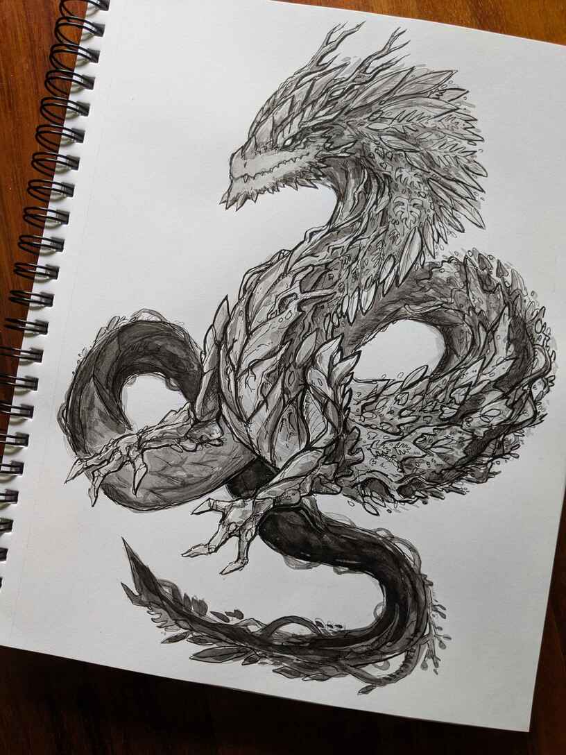 A long serpent dragon with lots of vines and foliage growing from its body.