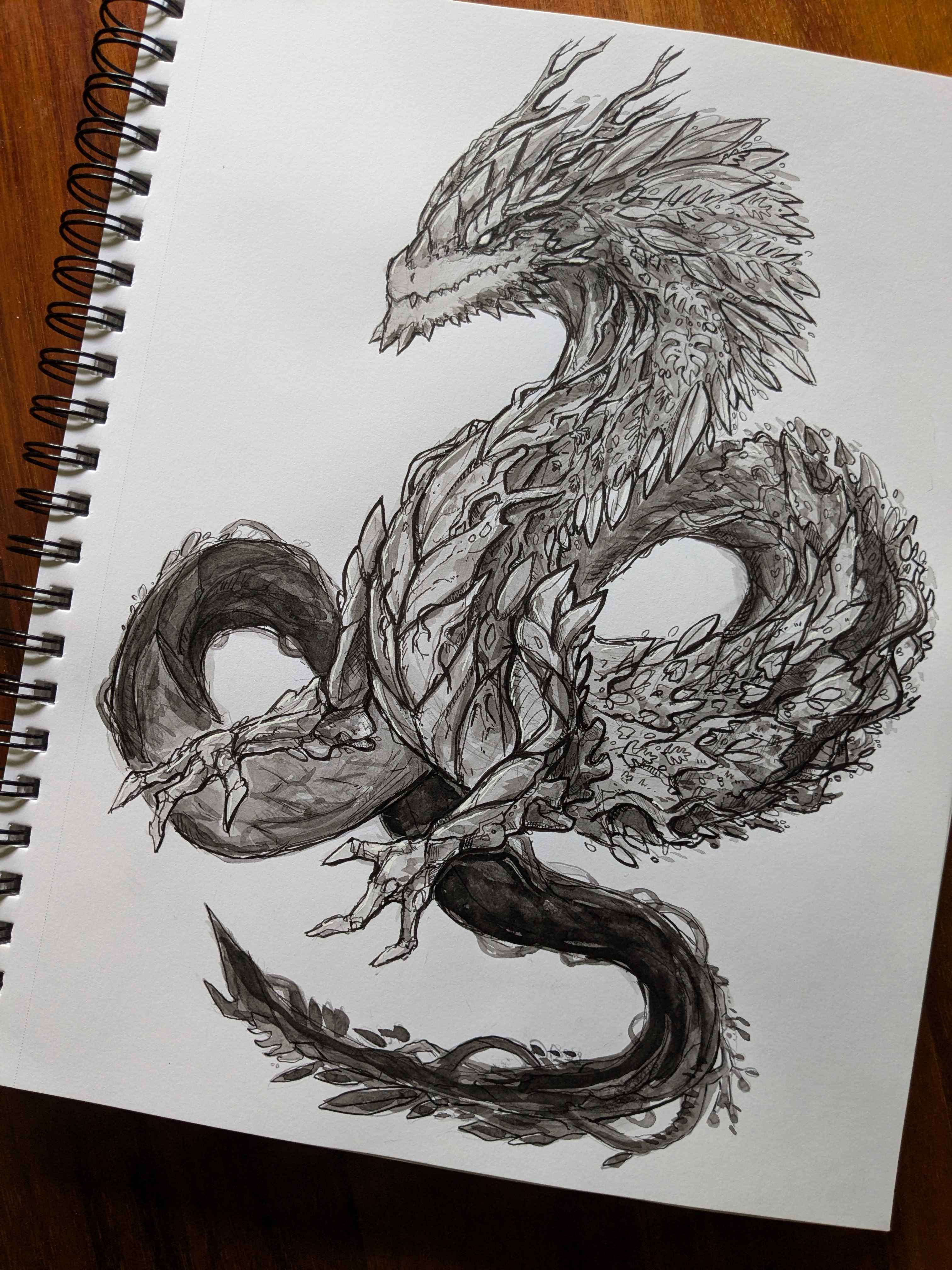 A long serpent dragon with lots of vines and foliage growing from its body.
