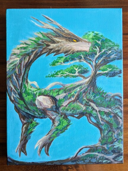 An early exercise in canvas painting. This dragon is mostly made of trees, roots, and grass.